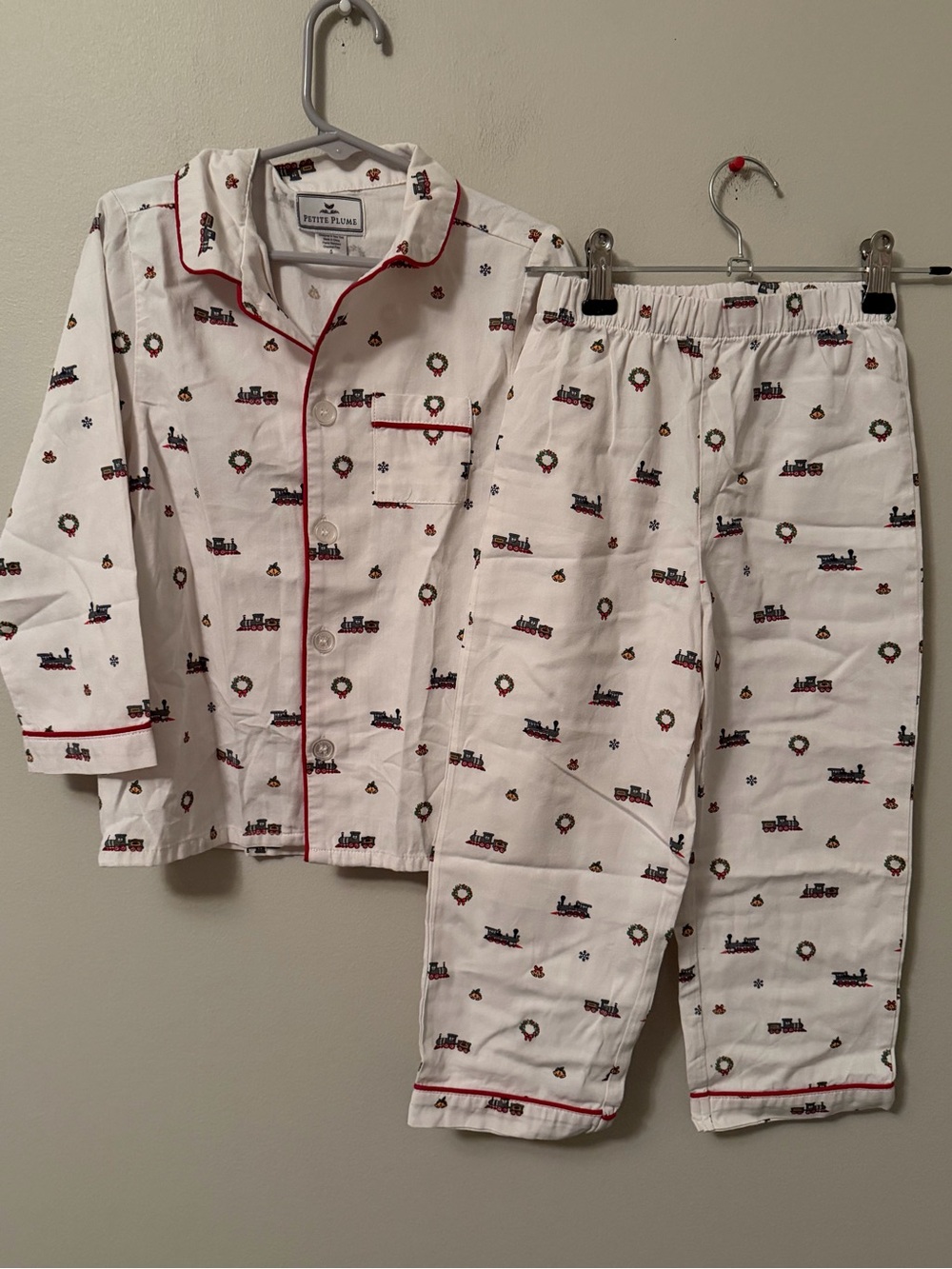 Petite Plume White Kids Holiday Train Pajama Set with Red Trim